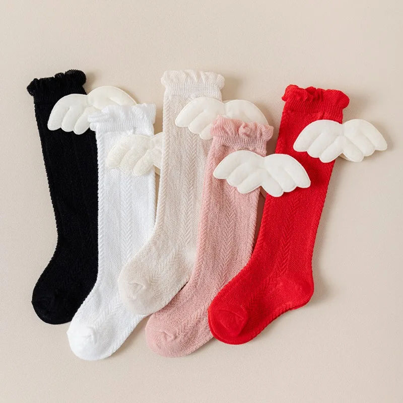 Soft Cotton Knee High Socks for Baby Girls Spring Summer Calf Socks Wing Bow Details Cute Princess Style Sock for Toddler Girl