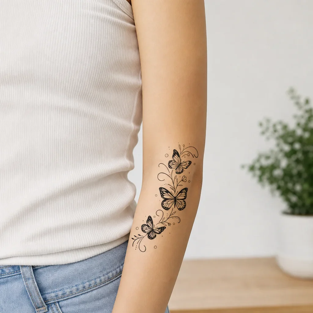 Butterfly Floral Temporary Tattoo Sticker, Disposable Waterproof Arm Tattoo, Black Butterfly Vine Design, 15 x 9 cm