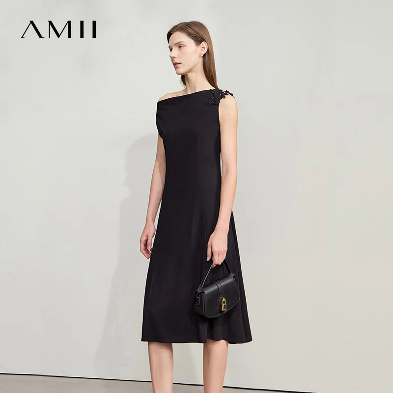 

Amii Minimalist Sleeveless Black Dress Women 2025 Summer New Office Lady Elastic Lace Elegant Slim Fit Waist Dresses 12522051