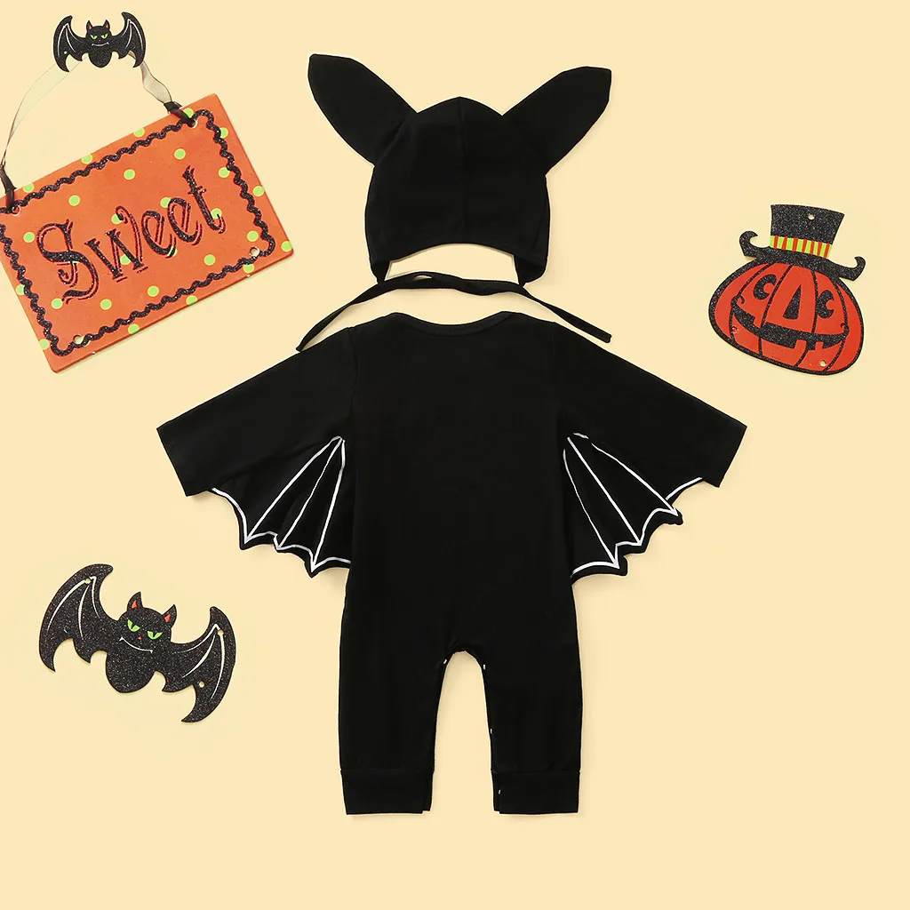 Baby's Halloween Costume Black Bat Romper Jumpsuit Infant Boys Girls Purim Party Carnival Fancy Dress Cosplay Long Short Sets