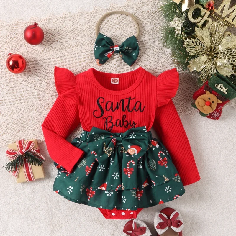 

Baby Girls Ribbed Christmas Romper Dress Long Sleeve Letter Santa Hat Print Bodysuits with Bow Headband Baby Xmas Clothes