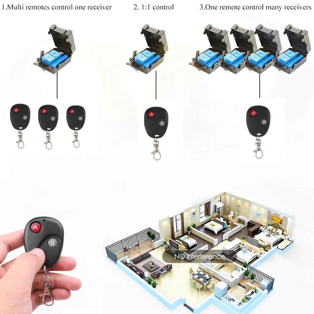 RF433MHz العالمي اللاسلكي للتحكم عن بعد التبديل تيار مستمر 12 فولت 10A 2CH التتابع استقبال مجموعة واسعة لمحرك باب المرآب الأجهزة المنزلية