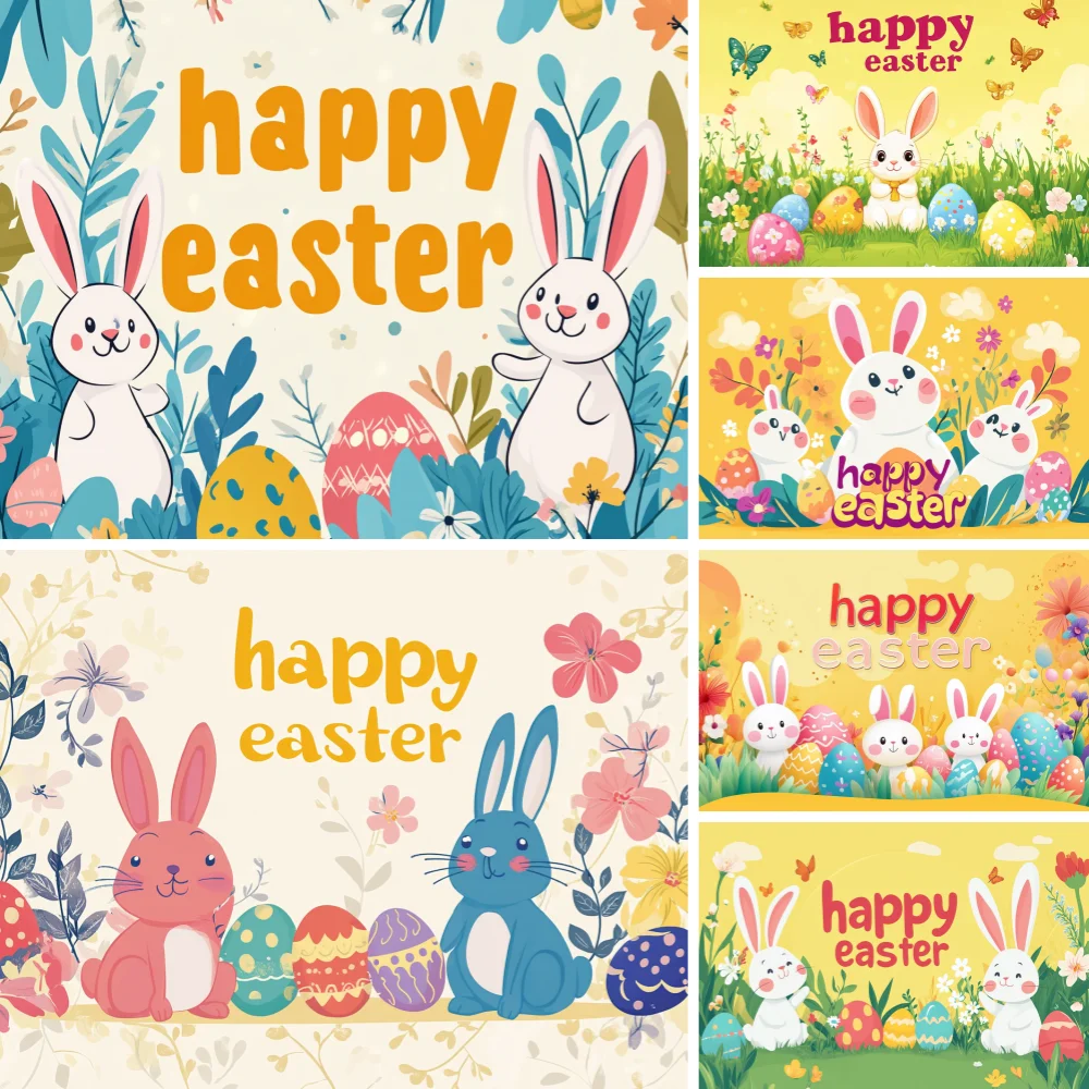 

Happy Easter Backdrop Banner Easter Egg Bunnies Photography Prop Decorations Garden Party Supplies Background Spring Decor