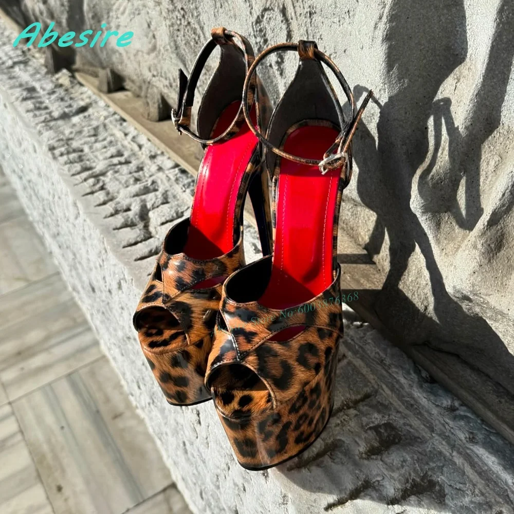 

Leopard Pattern Patchwork Hollow Out Sandals Platform Peep Toe Stiletto Heels Ankle Buckle Shoes for Women Spicy Girsl Shoes