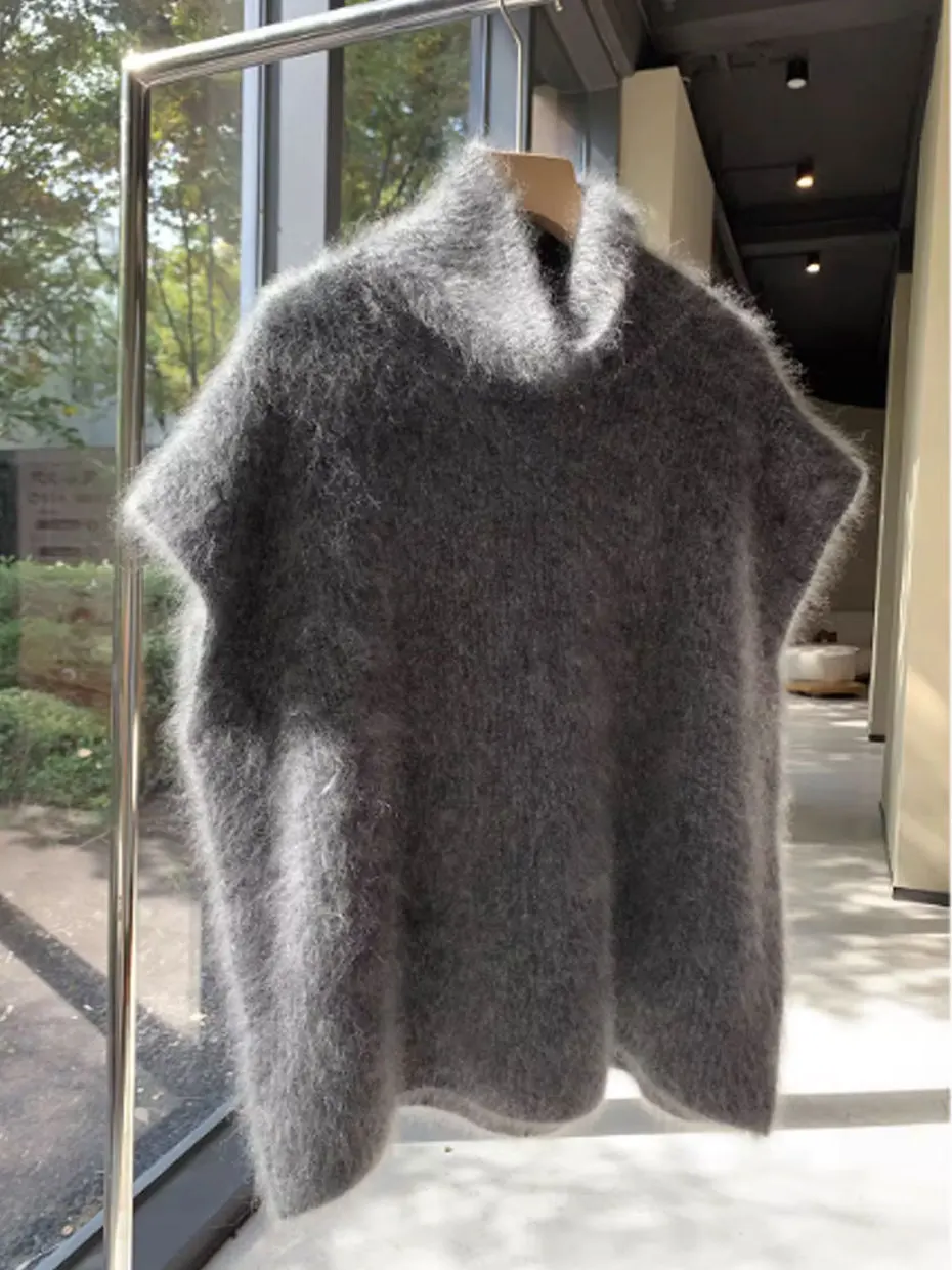 Thickened Loose Knitted Horsehair Vest Women's Outerwear Autumn Winter High Collar Sweater Sleeveless Base Layer Top
