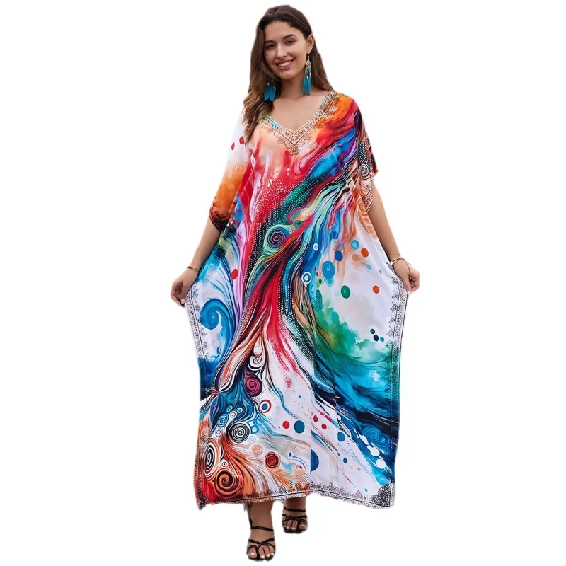 Plus Size Boho Cover Up abito allentato donna Summer Tie Dye Kaftan Print manica a pipistrello a righe con scollo a V Split Maxi Beachwear Dress