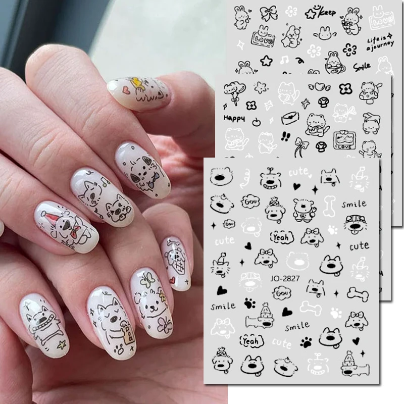 

3d Nail art Stickers Black White Cute Dogs Cats Rabbits Decals For Nail Decorations Manicures Beauty