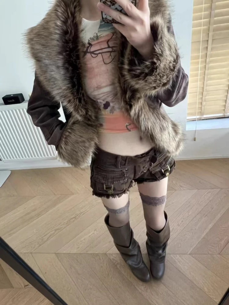 Y2K パンクサブカルチャーデニムショーツ女性の夏のゴシックセクシーなストリートストレートカットカーゴホットパンツ洗浄スリム臀部抱き