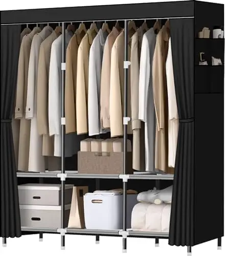 

LOKEME Portable Wardrobe Closet - 19mm Steel, 3 Rods, 6 Shelves, Black