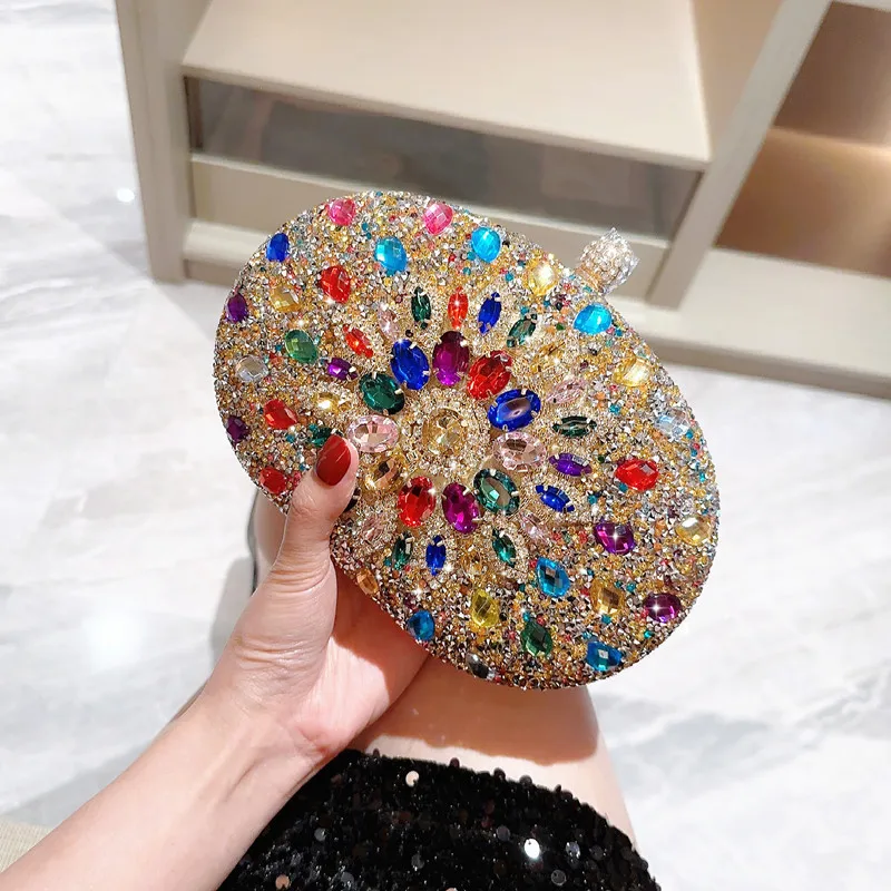 

Luxury Oval Banquet Evening Bag New 2023 Sunflower Rhinestone Women Handbag Metal Frame Diamond Ladies Dinner Clutch with Chain