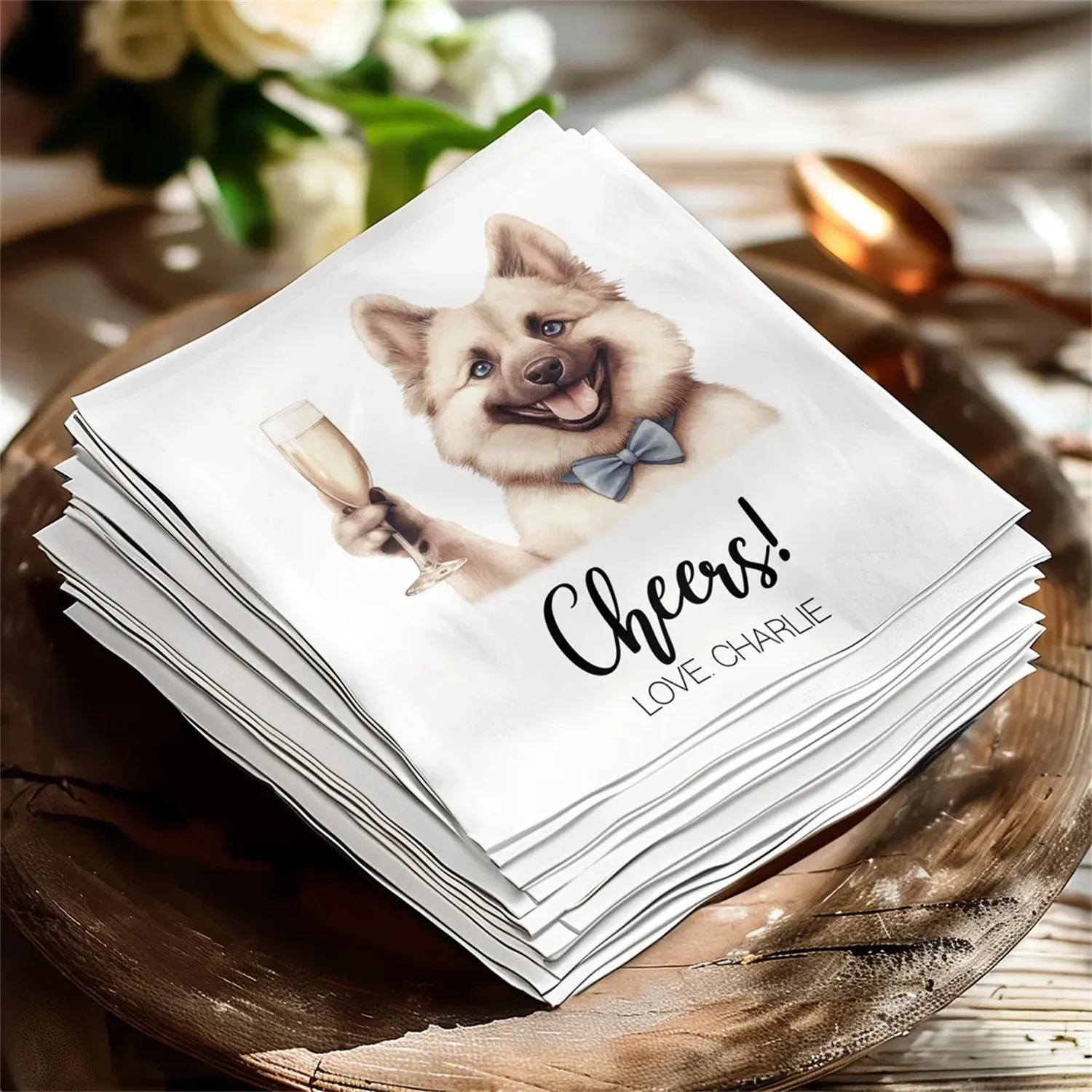 50 PCS Custom Pet Wedding Napkins, Personalized Cocktail Napkins, Dog Portrait Napkins for Weddings & Events, Custom Pet Beverag