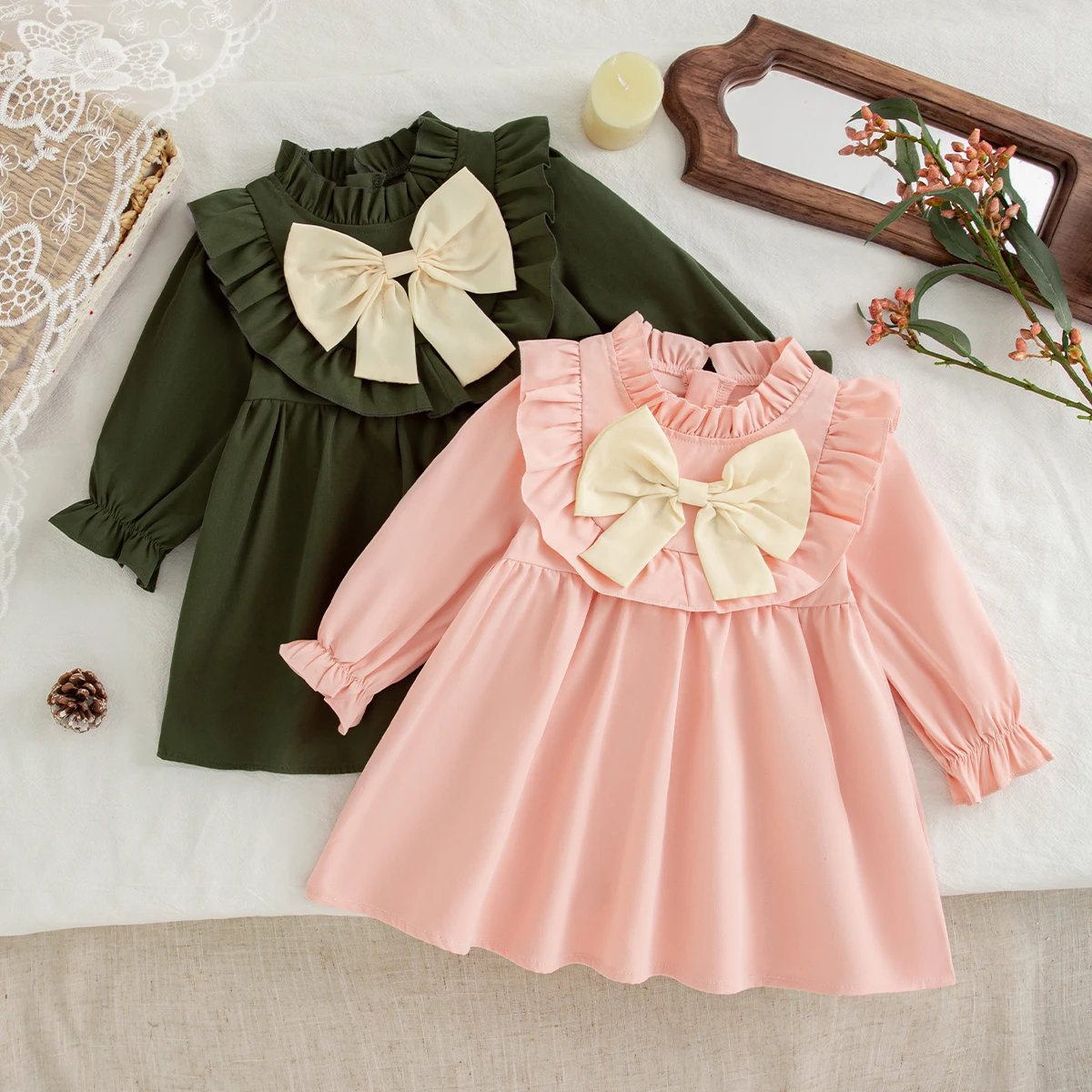 Spring And Autumn New Cute Bow Baby Girl Dress Simple Solid Color Long Sleeve Children'S Clothing (6 Months -3 Years Old)
