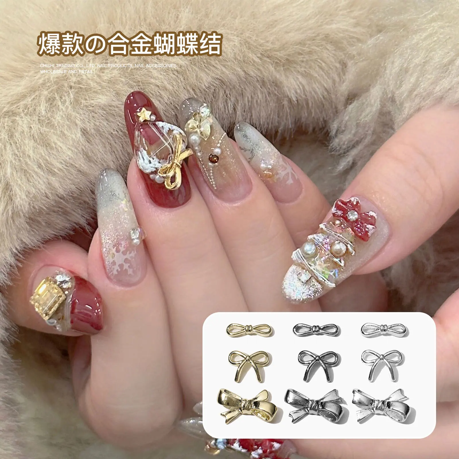 رائعة Bowknot اللؤلؤ الشريط حجر الراين ربطة القوس فيونكة الذهب الفضة سبائك معدنية شيك مسمار الفن زينة سحر مانيكير اكسسوارات