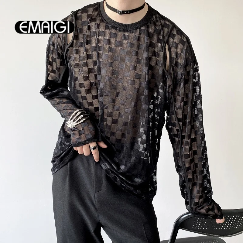 

Men Casual Loose Long Sleeve Hollow Mesh See Through T-shirt Korean Streetwear Vintage Fashion Harajuku Gothic T Shirt Tshirt