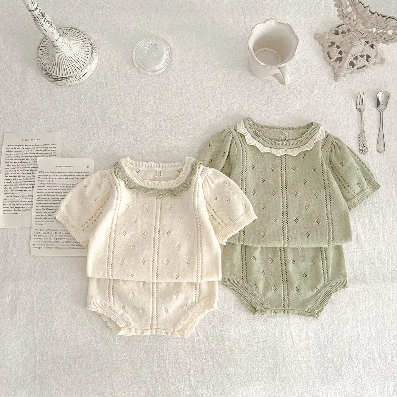 

Cute Baby Girl Clothing Set 0-3Years Newborn Kids Short Sleeve O-Neck Hollow Out Knit Tee Tops+Bloomer Short 2PCS Summer Clothes