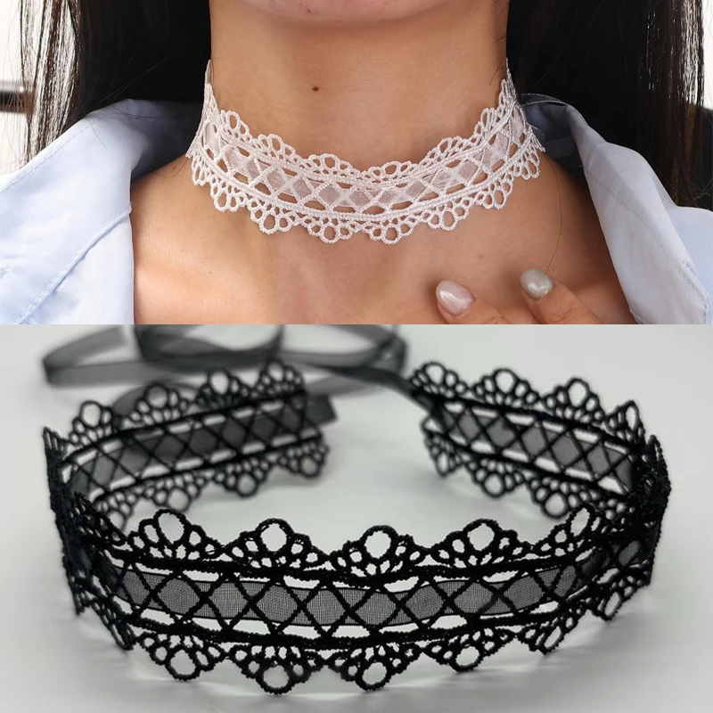 Romatic French Style Retro Lolita Lace Choker White Ribbion Bow Collar Chain Accessory for Women Girl Sweet Black White Necklace