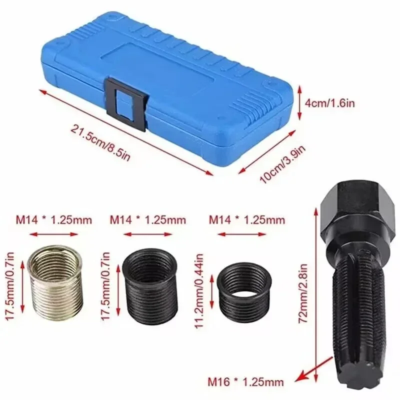 16pcs Spark Plug Thread Repair Kit, M14x1.25 Spark Plug Thread Repair Tool Screw Tap Portable Carbon Steel Rethread Kit