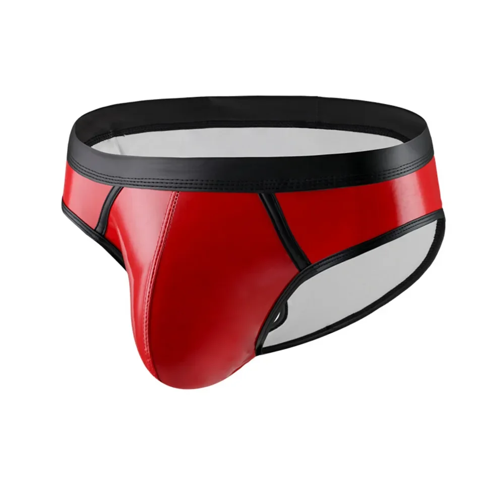 Men Breathable Boxer Shorts Panties Mens T Shaped Pants Leather Double Open Cut Underwear Color Matching Mesh Low трусы мужские