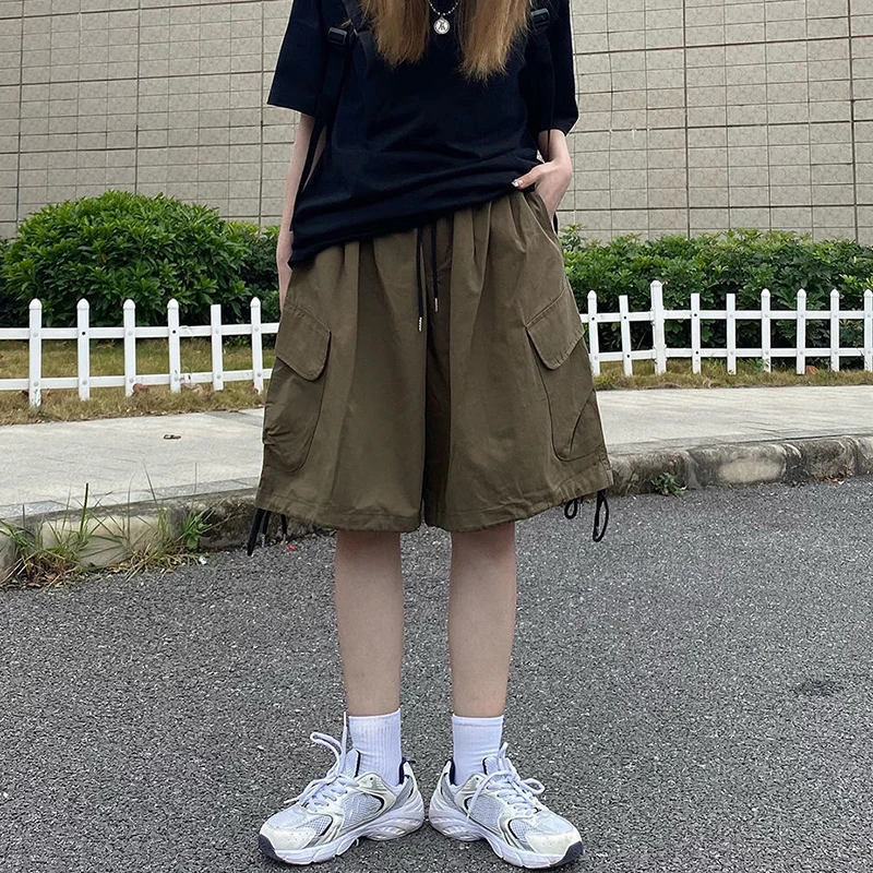 Rimocy Sommer knielange Cargo Shorts Frauen 2024 Harajuku Shorts mit weitem Bein Frau Streetwear Taschen Baggy Short Pants weiblich