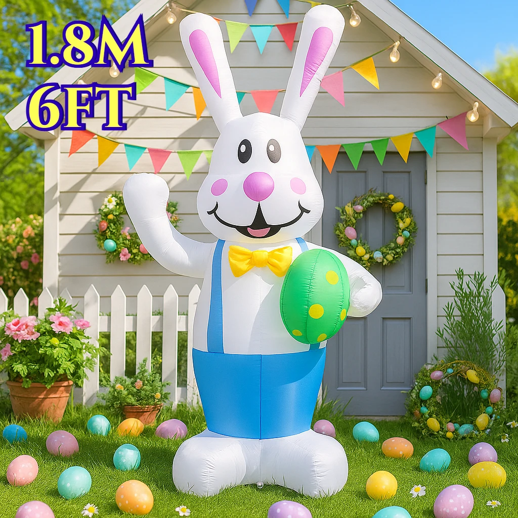 1.8M/6FT ハッピーイースターインフレータブルおもちゃ ウサギが卵を運ぶ装飾 LEDライト内蔵モデル 屋外ガーデンパーティー小道具装飾