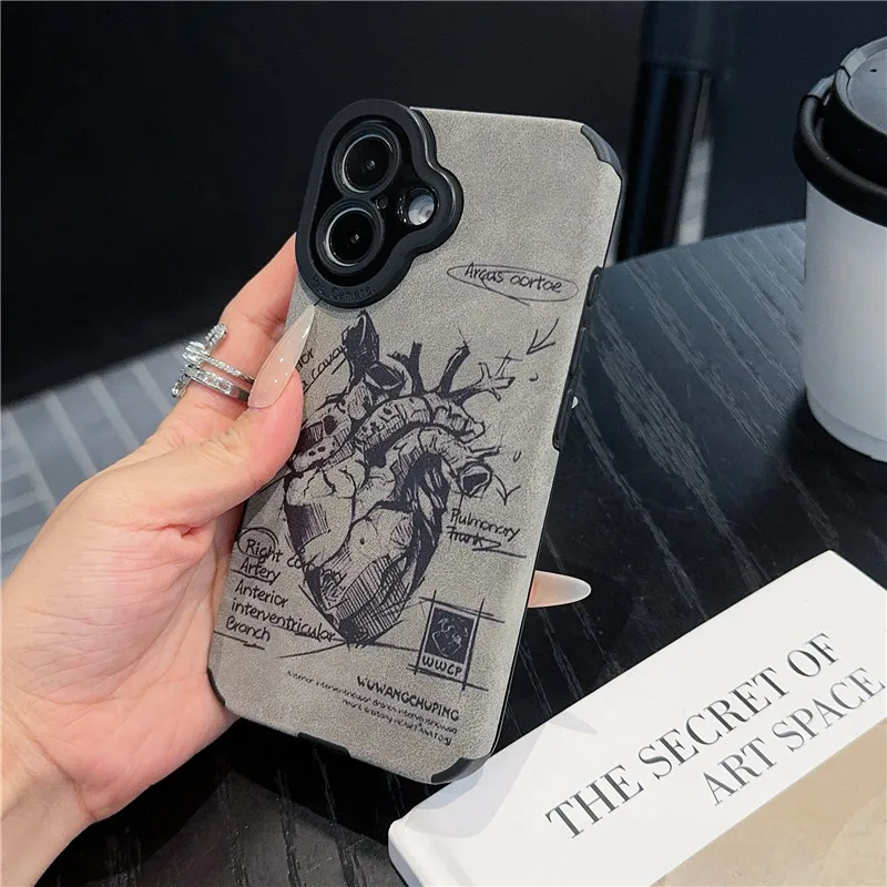 

Luxury Cardiac tubule Fur Leather Medical Anatomy Phone Case for iPhone 11 12 13 14 15 16 Pro Max Plus Cardiovascular Cover