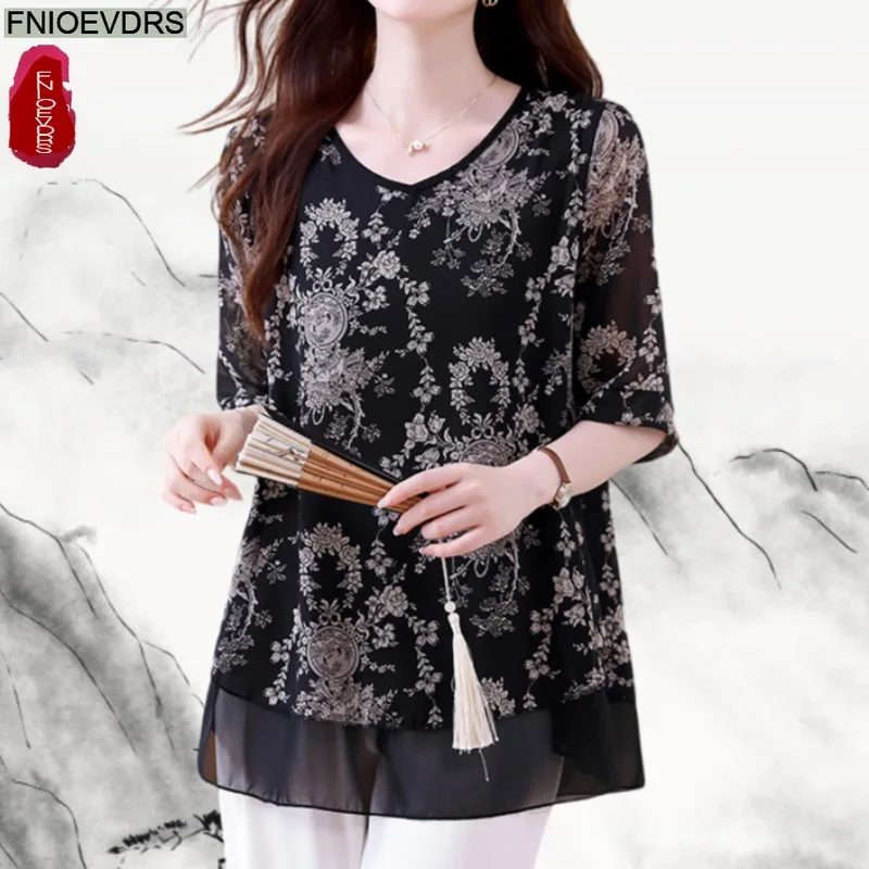

Loose Summer Clothes Black Chiffon Tops Blusas For Women Short Sleeve Floral Print Tunic Long Shirt Casual Belly Peplum Blouses