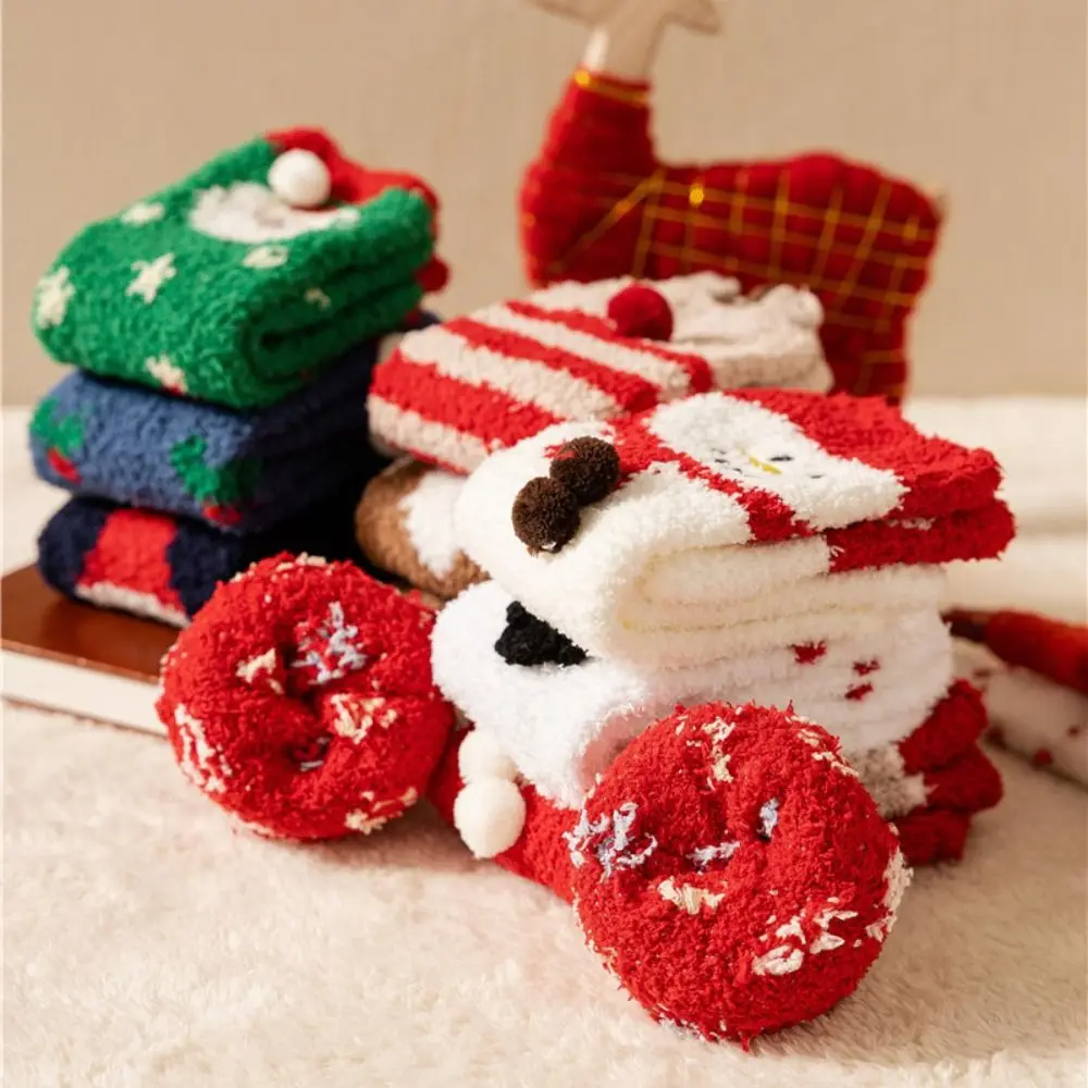 Comfortable Santa Claus Fleece Christmas Socks Snowman Elk Mid Tube Socks Novelty Thincken Women's Floor Socks Girl