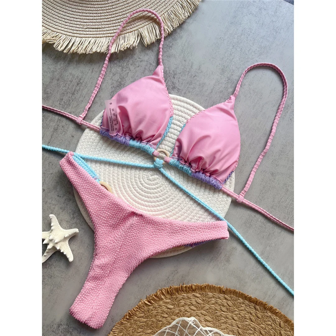 Gefältete, geknitterte, gespleißte brasilianische Bikini-Badebekleidung für Damen, zweiteiliges Bikini-Set, Badeanzug, Badebekleidung, Badeanzug, Schwimmbekleidung V6567 – Detail 3