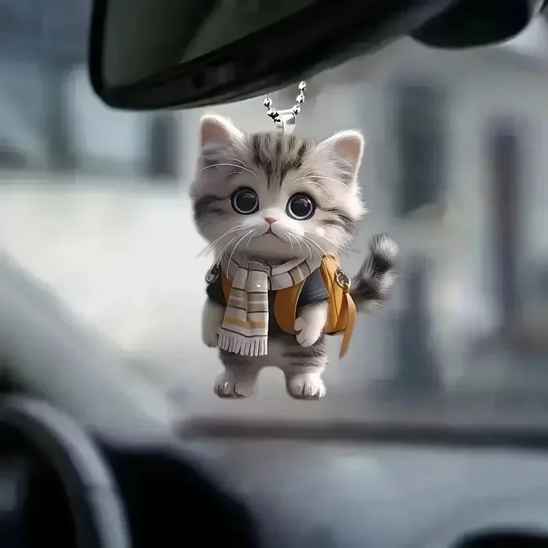 2D Car Pendant Hanging Ornament with Chain Realistic Animal Cat-Shaped Rearview Mirror Hanging Decor Car Interior Accessories image 4