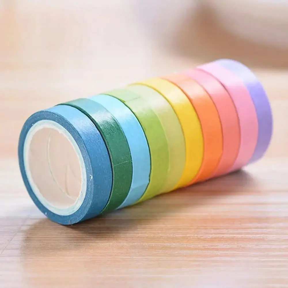 10 Rolls Adhesive Scrapbooking Tapes Paper Sticker Rainbow Solid Color Masking Tapes Portable Multifunctional Decorative Tape