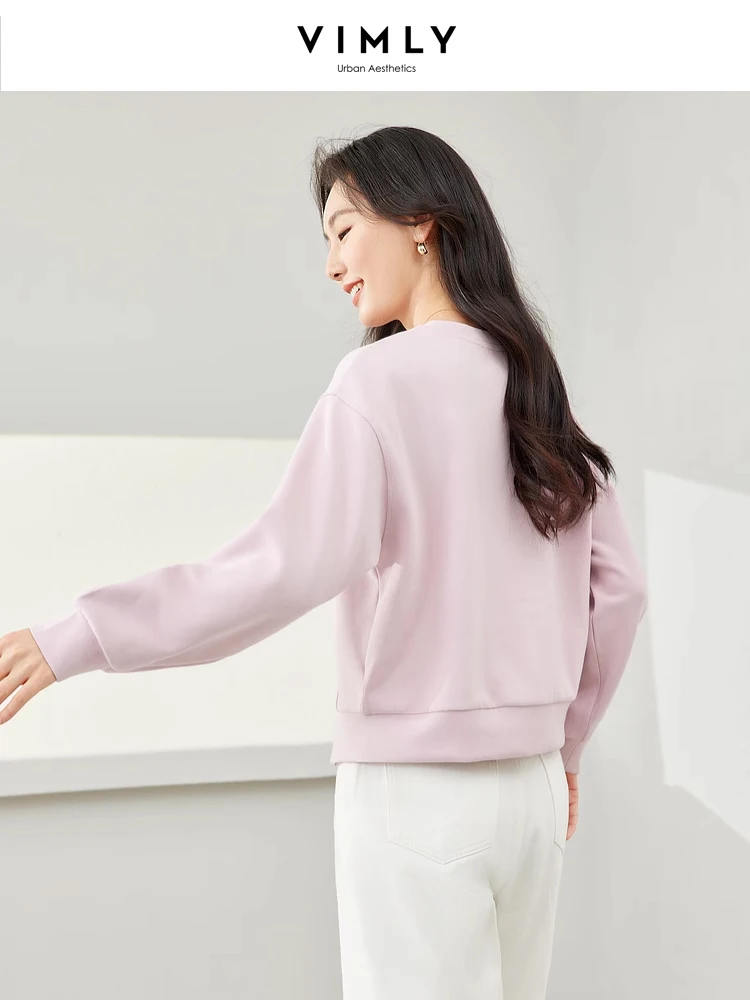 Vimly Lazy Style O-neck Pink Short Women\'s Sweatshirt 2024 Spring Straight Loose Solid Pullovers Long Sleeve Top for Woman M6550
