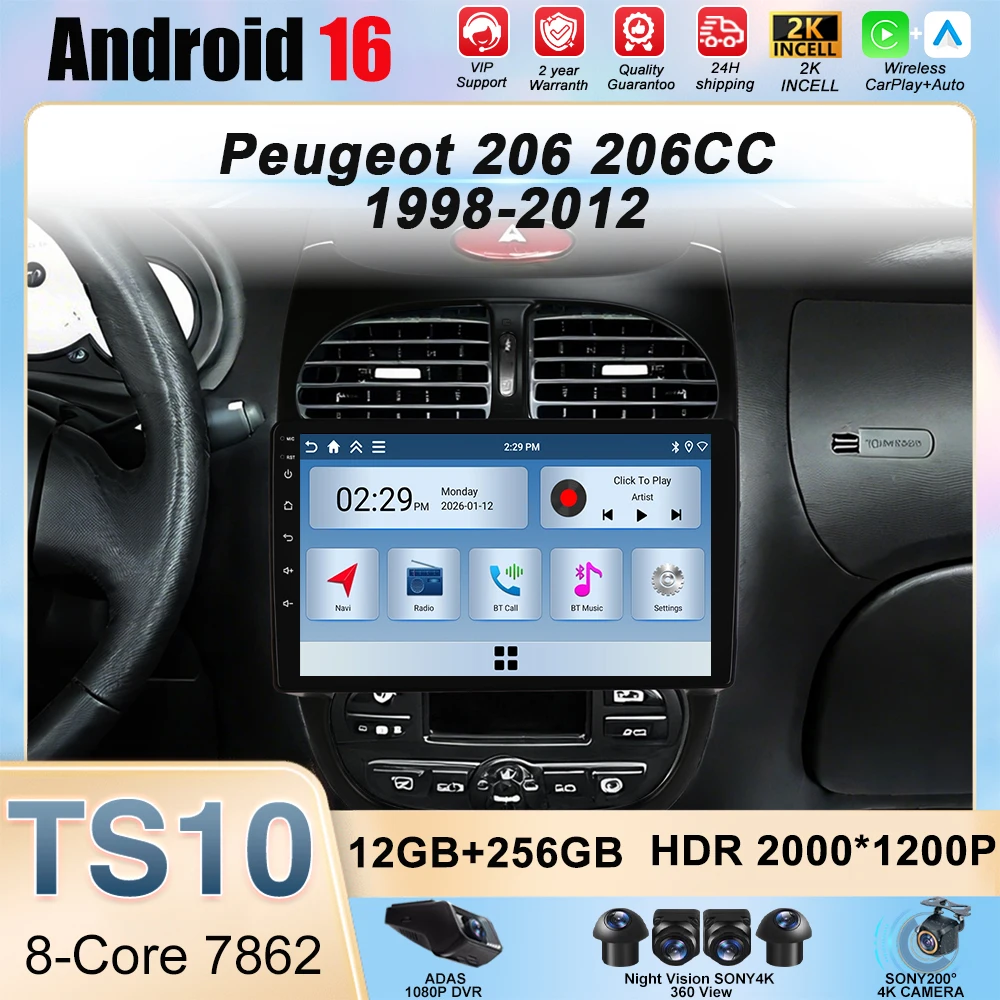Android 16 Car Radio For Peugeot 206 206CC 1998-2012 Car Stereo Bluetooth 4G Wifi GPS Navigation Screen Wireless Carplay Monitor