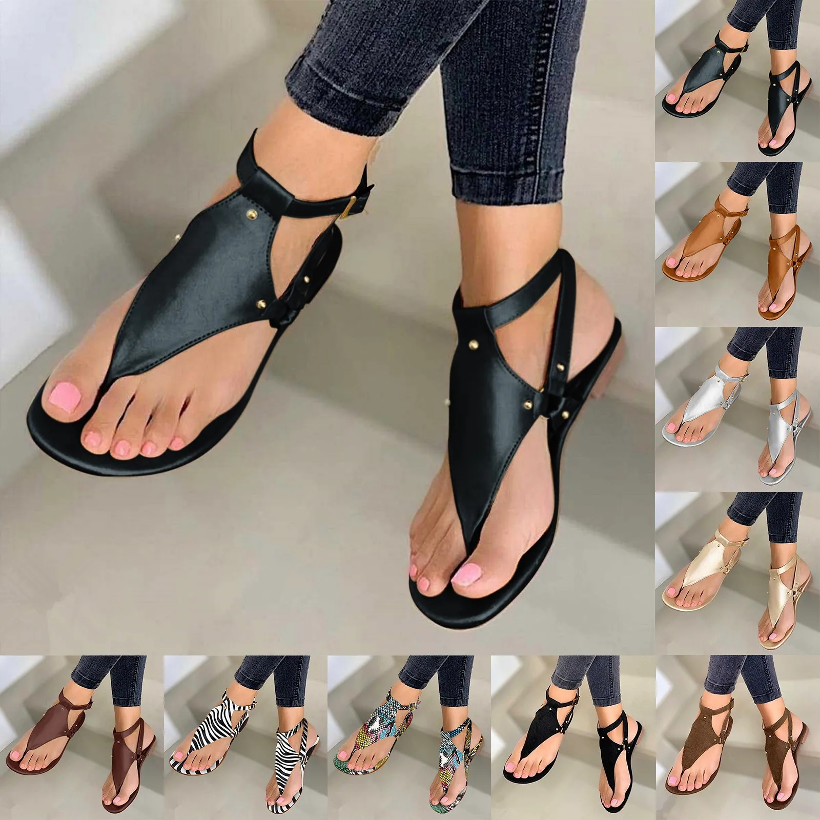 Women\'s Sandals Fashion Leather Clip Toe Sandals Solid Color Casual Flat Bottom Flip Flops Breathable Comfortable Beach Shoes