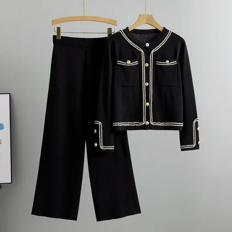 Mode bref tempérament tricoté pantalon deux pièces ensemble décontracté femmes tressé garniture or bouton Cardigan pull et pantalon costumes