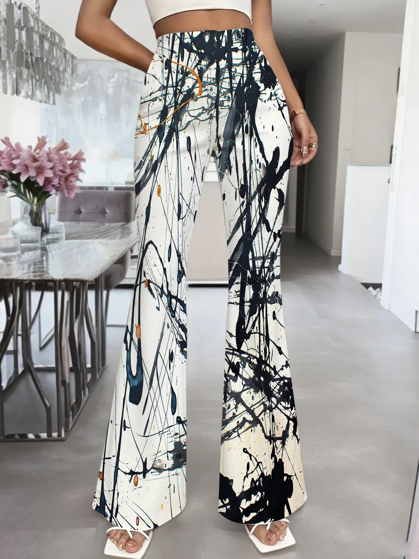

Retro Y2K Black and White Ink Splatter Micro Flare Pants - Stylish, Cool, Casual, and Versatile Long Pants