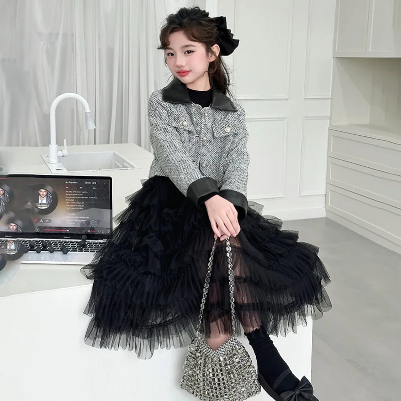 Teenager Girls clothes set French design short PU lapel jacket+Layered dress 2pcs junior kids dresses suit children outfits