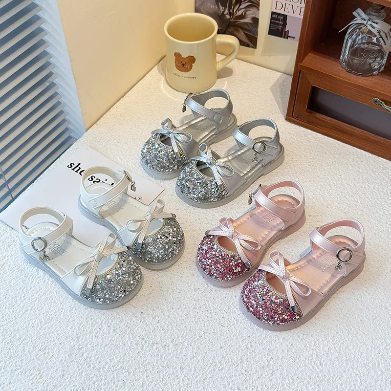 

Children Sandals for Girls 2025 Summer New Fashion Korean Style Soft Bottom Anti-slippery Princess Bowtie Elegant Beach Shoes