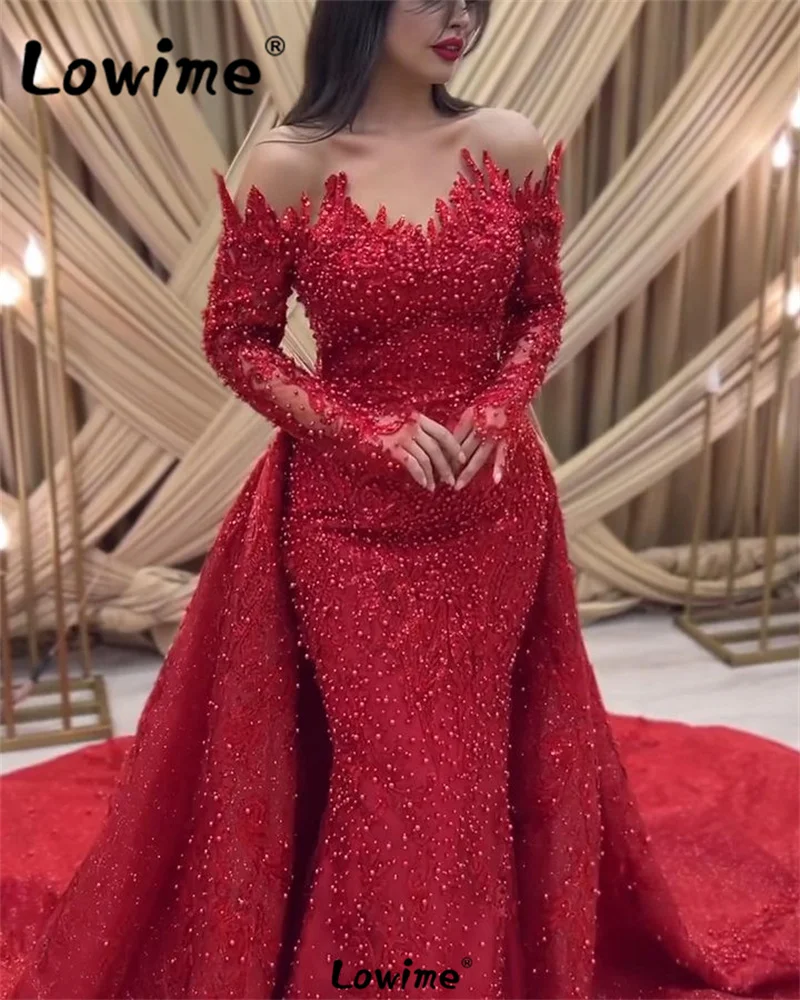 Elegant 2 In 1 Red Wedding Party Dresses Mermaid Long Sleeves Prom Dress Araic Middle East Women Beaded Evening Gowns 2024 Robe