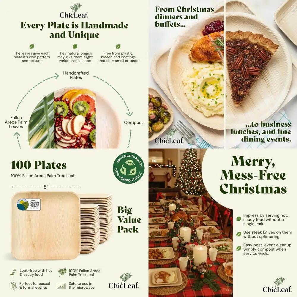 

8 биоразлагаемых тарелок из пальмовых листьев - упаковка 100 штук - экологически чистая одноразовая посуда для вечеринок и мероприятий