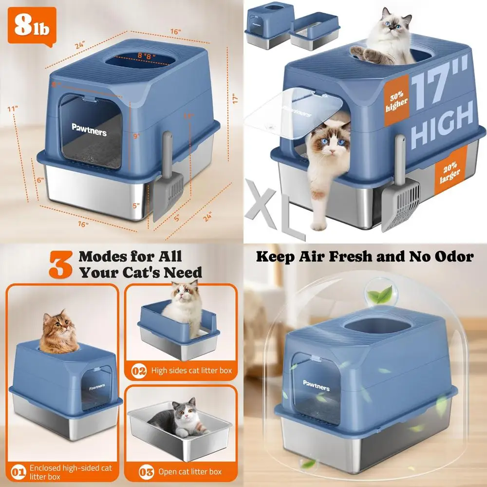 

Extra Large Stainless Steel Cat Litter Box with Front Entry, Top Exit, Removable Lid, and Scoop for Odor Control and Easy Cleani