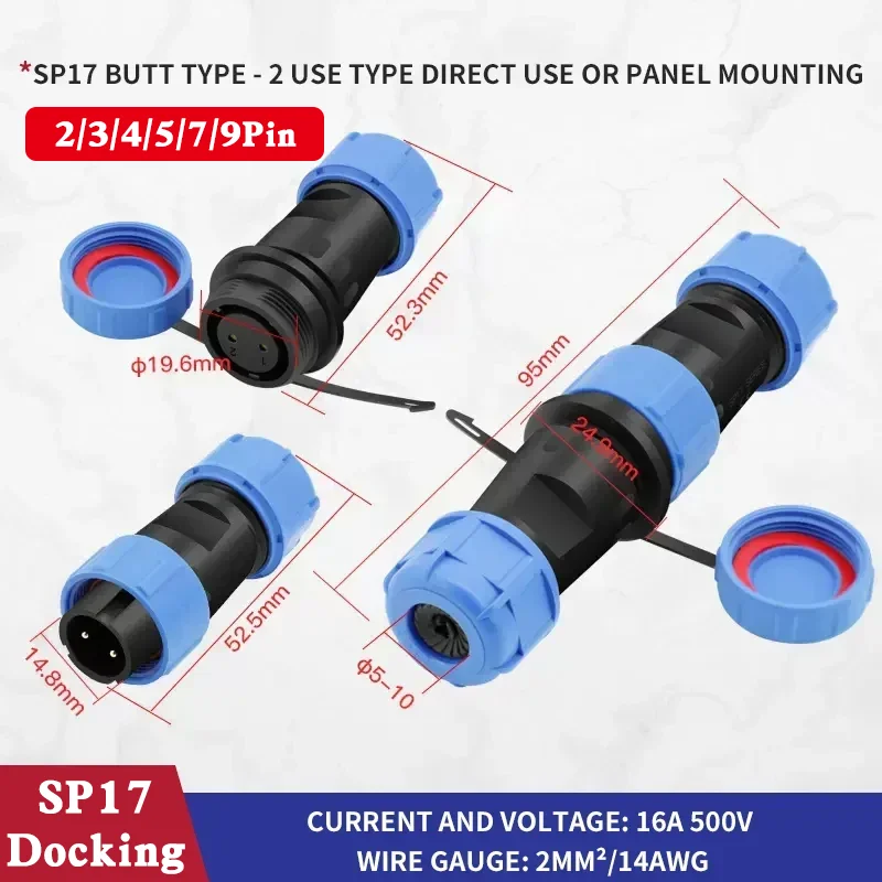 IP68 Waterproof SP17 Butt joint Aviation Connector 2/3/4/5/7/9 Pin Cable Connectors Male/Female Plug and Socket Docking