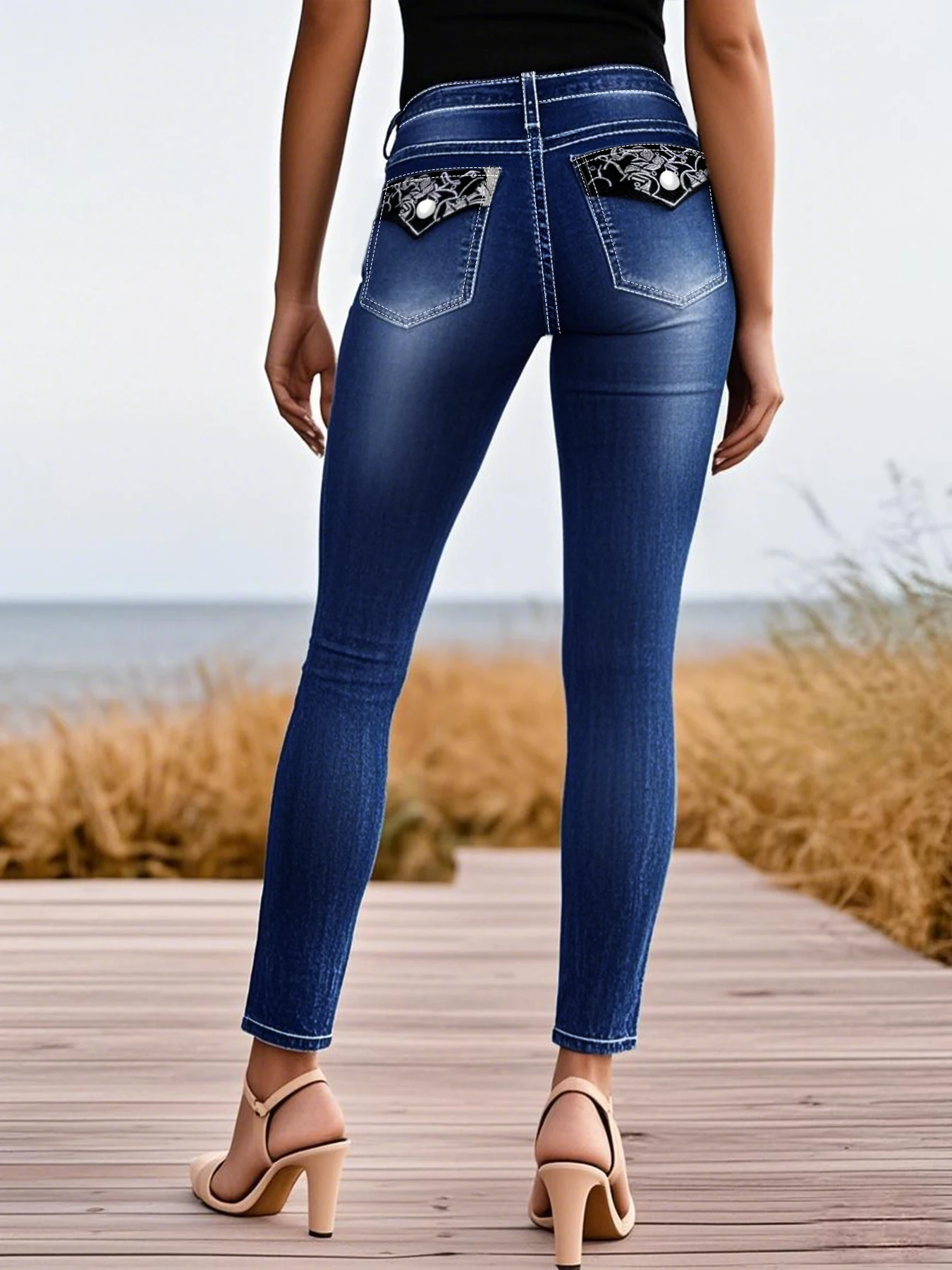 

Women's Plus Dark Blue Washed Distressed Contrast Stitching Vintage Rivet Embroidery Stretchy Butt Lifting Denim Skinny Pants