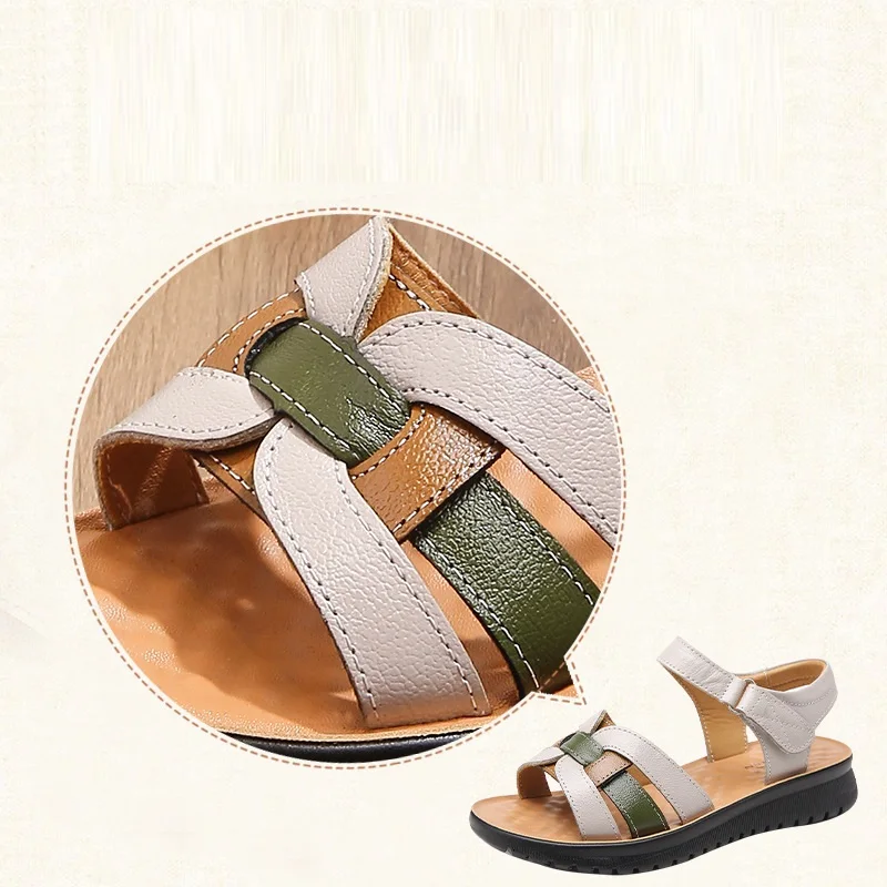 2024 Summer Leather Women Sandals Shoes Woman Casual Soft Wedge Heeled Sandals Women Flats Outdoor Beach Sandals