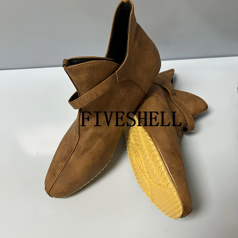 Zapatos medievales de caballero y Príncipe para mujer, botas de cuero con hebilla marrón Vintage, zapatos planos cortos, disfraz de pirata renacentista para Cosplay