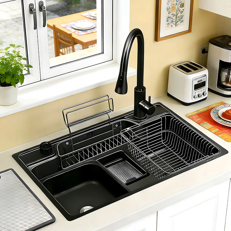 

Rectangular Large Single Slot 304 Stainless Steel Kitchen Sink Creative Drainage Basket Slag collection net Pull-out tap