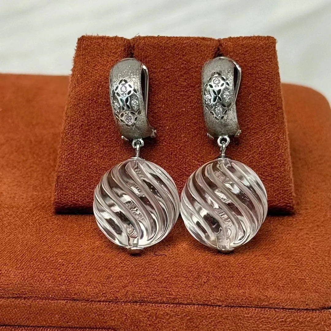 

1 Pair Natural Stone Rock Quartz Earring Ear Stud 16MM Twist Round Beads 925 Sterling Silver Crystal Jewelry Gift For Women