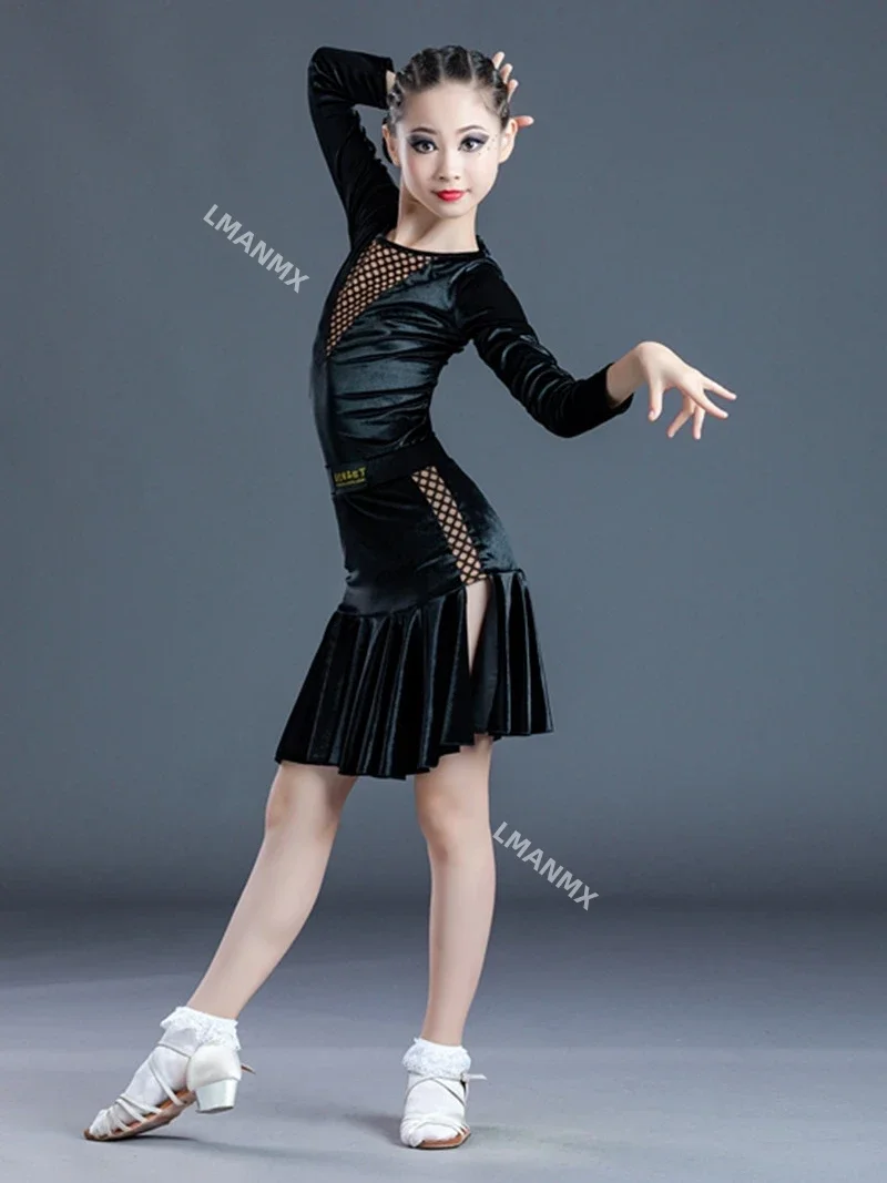 Latin Dance Dress Girls Autumn Winter Training Clothes Velvet Split Skirt Children Long Sleeve Suit Professional Dance Clothes