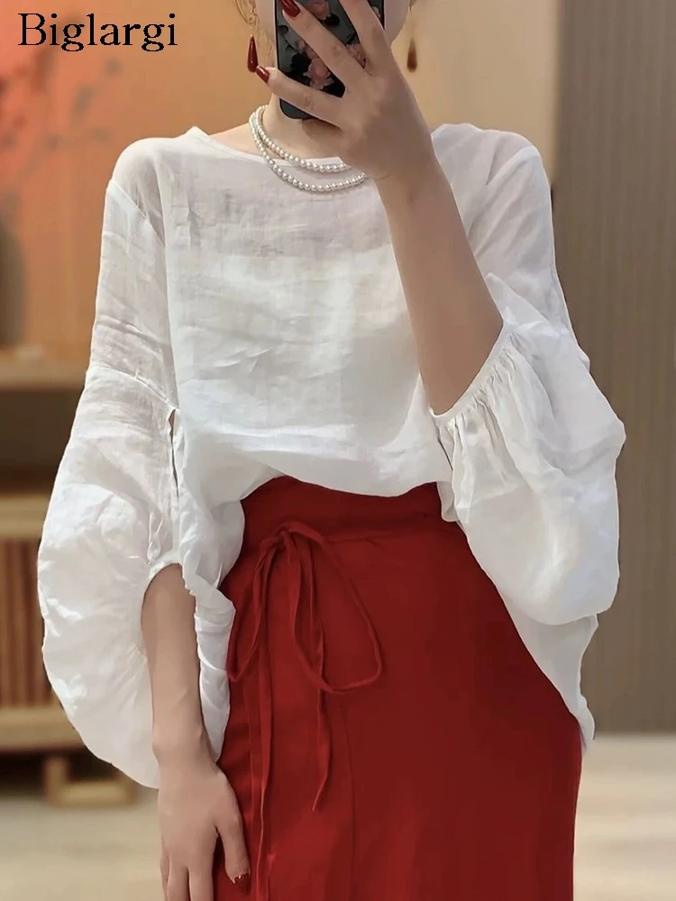 Oversized Summer Pullover Tops Women Lantern Short Sleeve Fashion Loose Pleated Irregular Ladies Blouses Casual Woman Tops