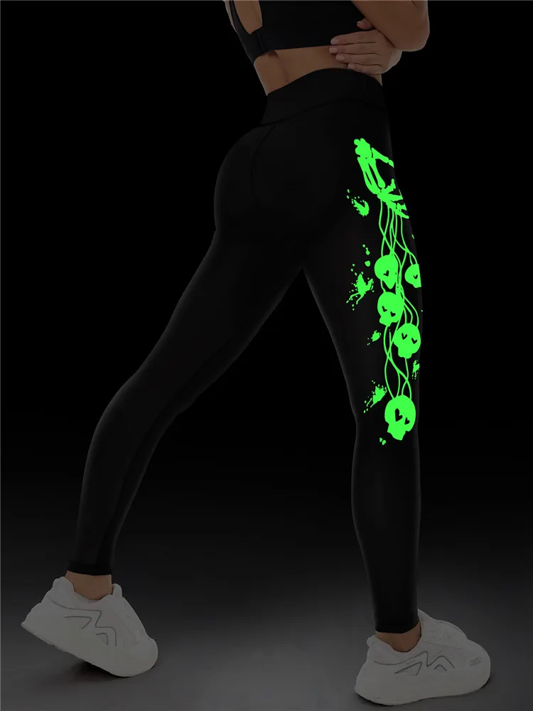 Personalized Fluorescent Green Claw Skeleton Printed Women\'s Yoga Leggings High Waist Fitness Running Elastic Fitness Pants