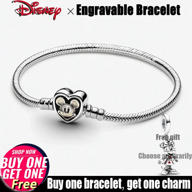 

Disney Mickey Engravable Bracelet S925 Sterling Silver Heart Shape Clasps Original Bracelet For Women Girls Luxury Jewelry Gift